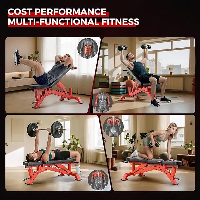 Weight Bench, Adjustable Workout Bench for Home Gym Full Body Workout, 1300LBS Weight Capacity Bench Press, Flat/Incline/Decline Bench with 33" Extra-Long Backrest & Wheels