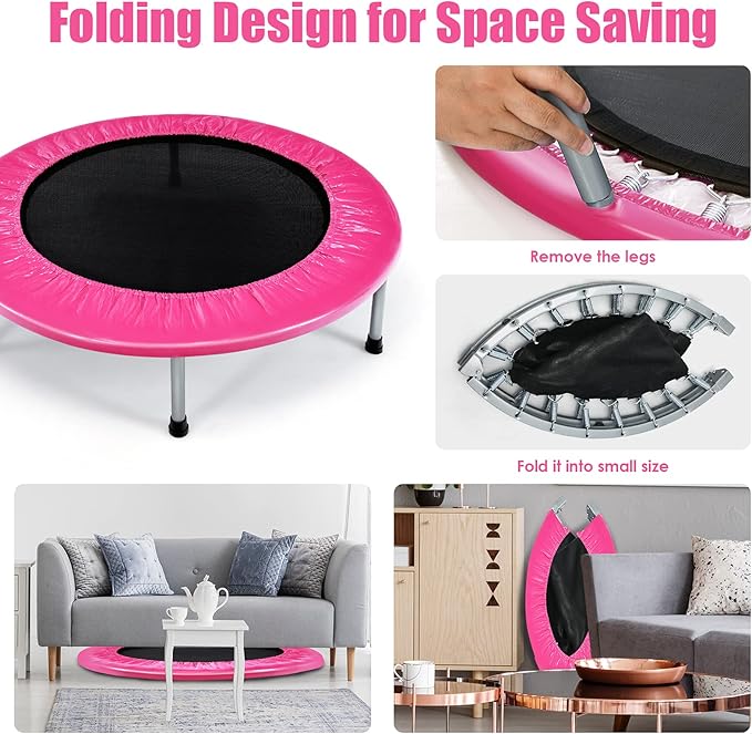 GYMAX Rebounder Trampoline for Adults, Mini Exercise Trampoline with Safety Pad, Foldable Rebounding Fitness Trampoline for Indoor/Outdoor, Small Workout Trampoline for Adults (Blue)