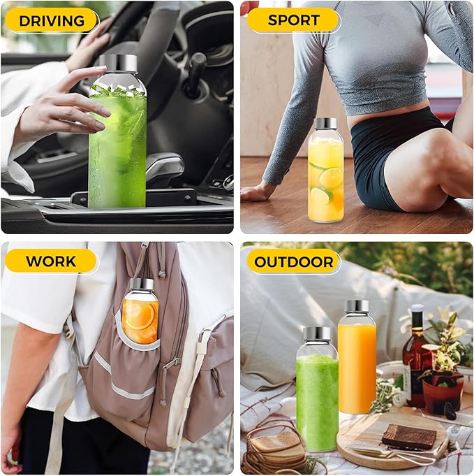 Set of 6 Clear Glass Water Bottles with Lid 26oz for Juicing Reusable Bottle Glass Cup with Stainless Steel for Juicing,Halloween Refrigerator 100% Leak Proof Drinking Jar, BPA Free