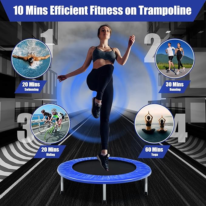 GYMAX Rebounder Trampoline for Adults, Mini Exercise Trampoline with Safety Pad, Foldable Rebounding Fitness Trampoline for Indoor/Outdoor, Small Workout Trampoline for Adults (Blue)
