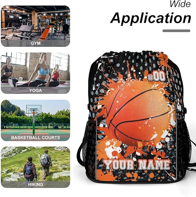 Custom Basketball Drawstring Backpack - Cool Cinch Sack, String Backpacks with Pocket for Kids Women Men Boys Girls for Gym Outdoor Sports Travel Athletic Drawstring Bag - Lightweight/Foldable
