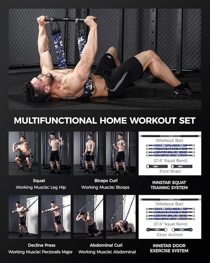 INNSTAR Resistance Bands Bar Exercise Bands Attachment 38" Black Max Load 800lb for Home Gym Workout Full Body Workout Power Lifting Fitness Bar