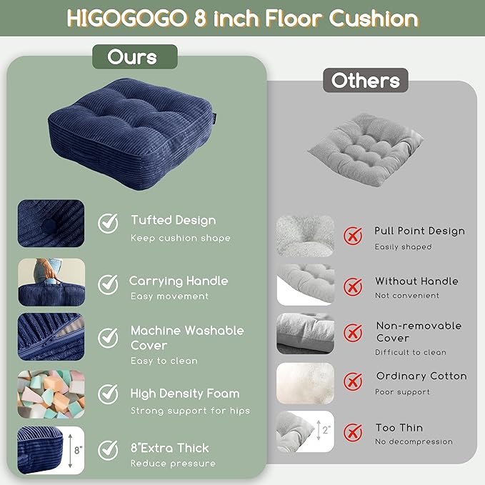 8" Washable Floor Pillow Cushion for Adults, Meditation Cushion Pillow, Large Square Floor Sitting, Removable Tufted Corduroy Cover, for Tatami Living Room or Yoga, 22x22 Inch, Machine Washable