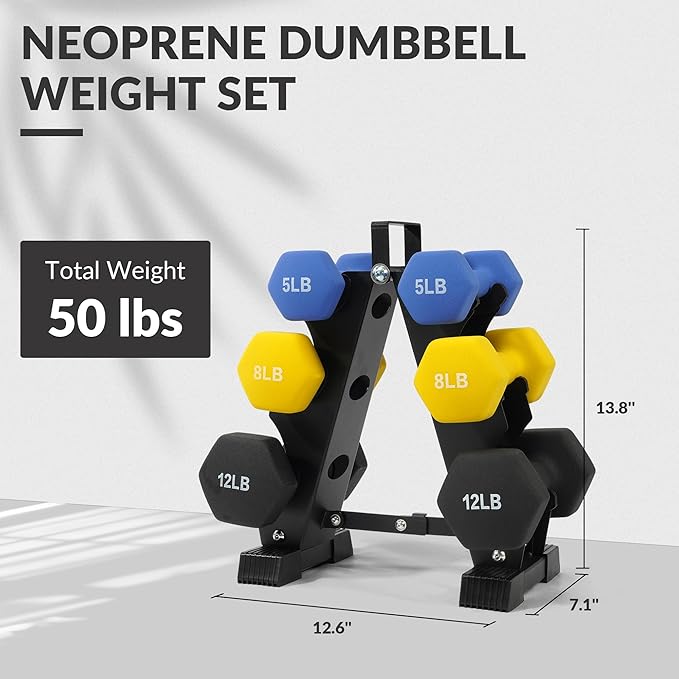 Neoprene Dumbbell Set for Women 2-5 lb | 3 Pairs Hand Weights Set with Rack, Hex Anti-Roll, Color-Coded Home Gym Gifts