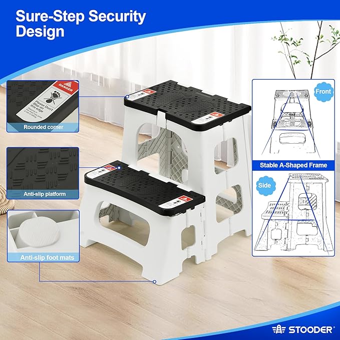 Folding 2-Step Stool - Upgraded Stable A-Frame, Safety Lock, Anti-Slip Rubber Feet, 300lb Capacity, No Assembly - 8" 17" Step Stools for Kitchen, Bathroom, Bed, RV, Home, Office (Panda)