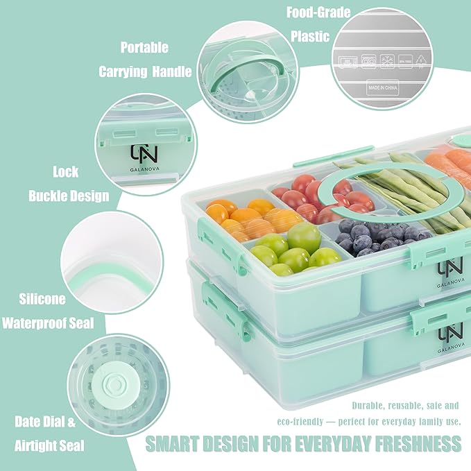 Stackable Snackle Box Container with 2 Lids - BPA-Free Snackle box Organizer, Dishwasher & Microwave Safe Reusable Snacklebox for Veggies, Fruits, Charcuterie, Snacks (Green, 2 Pack)