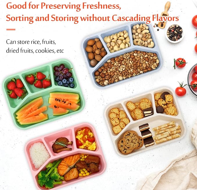 4 Pack Bento Lunch Box Set, 4 Compartment Food Storage Containers, Meal Prep Lunch Box,Plastic Food Storage Containers, Microwave and Dishwasher Safe (33oz)