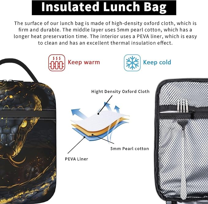 Fierce Snake Lunch Box for Women Adults Kids, Insulated Cooler Polyester Glowing Gold Accents Lunch Bag for Picnic, School, Office, Travel, Work, Portable Reusable Tote Thermal Lunch Bags
