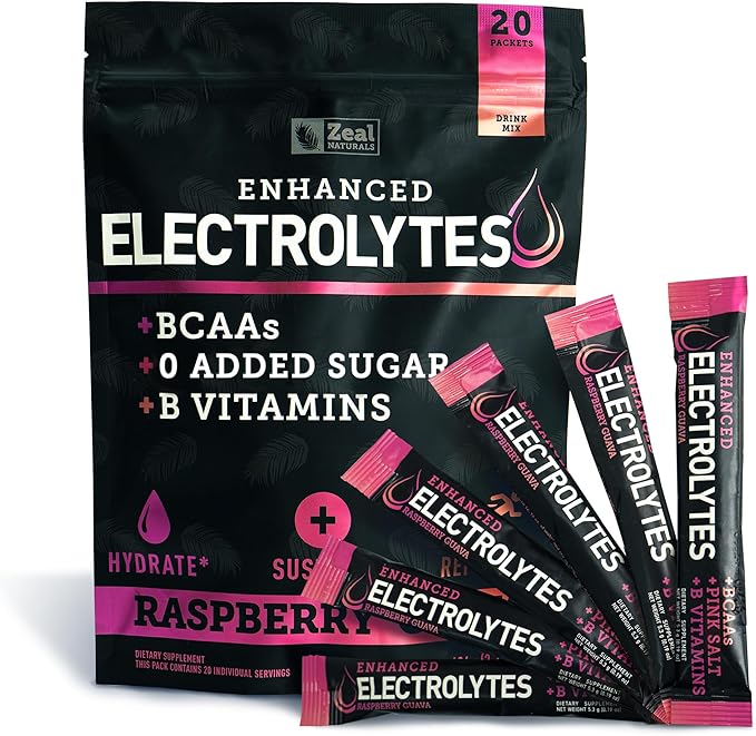 Enhanced Electrolyte Powder Stick Packs (Raspberry Guava | 20 Packets) w/ 0 Sugar +BCAAs +B-Vitamins Electrolyte Supplement w Potassium Zinc & Magnesium for Hydration - Keto Electrolytes