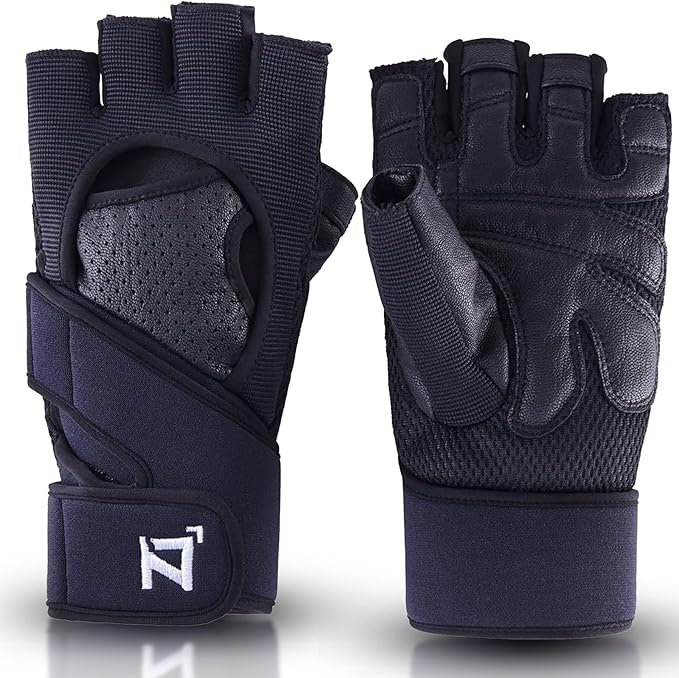 OOZi Fingerless Workout Gloves for Men Women with Wrist Wrap Support for Weight Lifting, Gym, Workout, Exercise, Fitness Training, Durable Genuine Leather Palm Grips