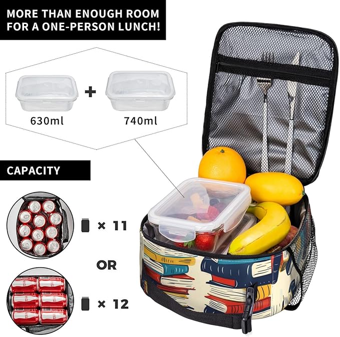 Insulated Lunch Box for Women Men, Book Theme Lunch Box Reusable Portable Lunch Bag Cooler Tote Waterproof Lunch Container for Office Picnic Work Travel Hiking