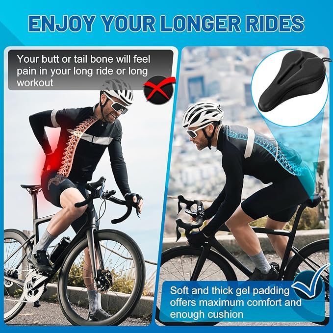 Bike Seat Cushion Gel Padded Saddle Cover for Men Women - Extra Padding Soft Comfort Bicycle Seat Cushion for Peloton, Stationary, Spin, Mountain, Road, Ebike