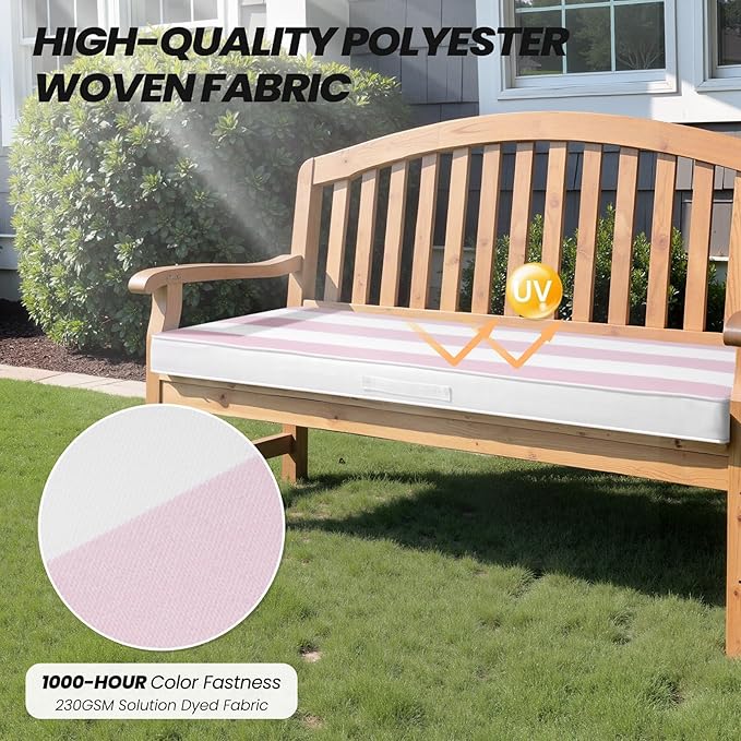Crestlive Products Outdoor Bench Cushion 42 x 18 Inch, Waterproof Patio Bench Cushions for Outdoor Furniture, Porch Swing Replacement Pad with 30D Foam, Adjustable Straps, Pink White Stripe