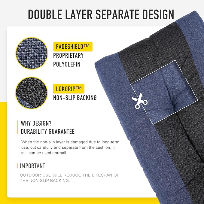 SUNROX LokGrip Non Slip Tufted Memory Foam Bench Cushion, FadeShield Water Resistant Durable Thicken Outdoor/Indoor Bench Seat Pads 59x16x4 inch, Heather Indigo