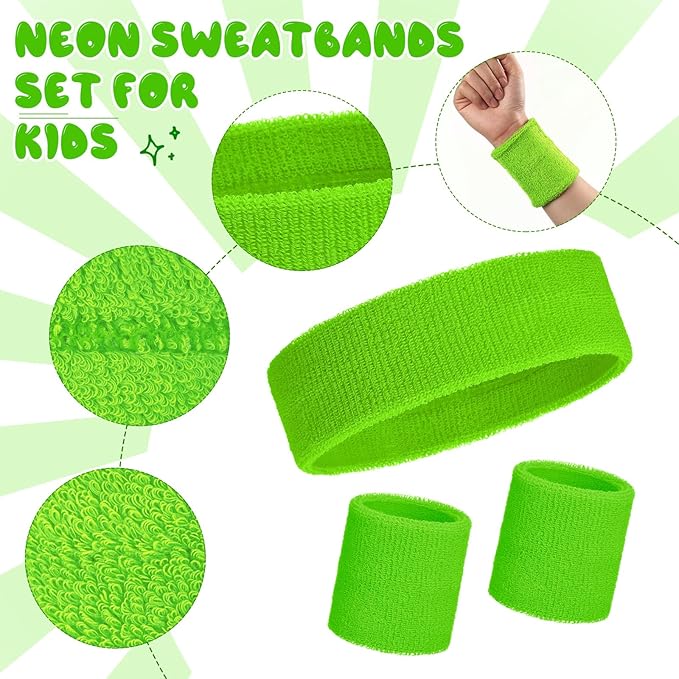 Bememo 36 Pcs Neon Sweatbands Set for Kids Bulk Sports Headband Wristband Set Cotton Terry Basketball Tennis for Students Youth 80s 90s Halloween Costumes Cosplay Glow Party