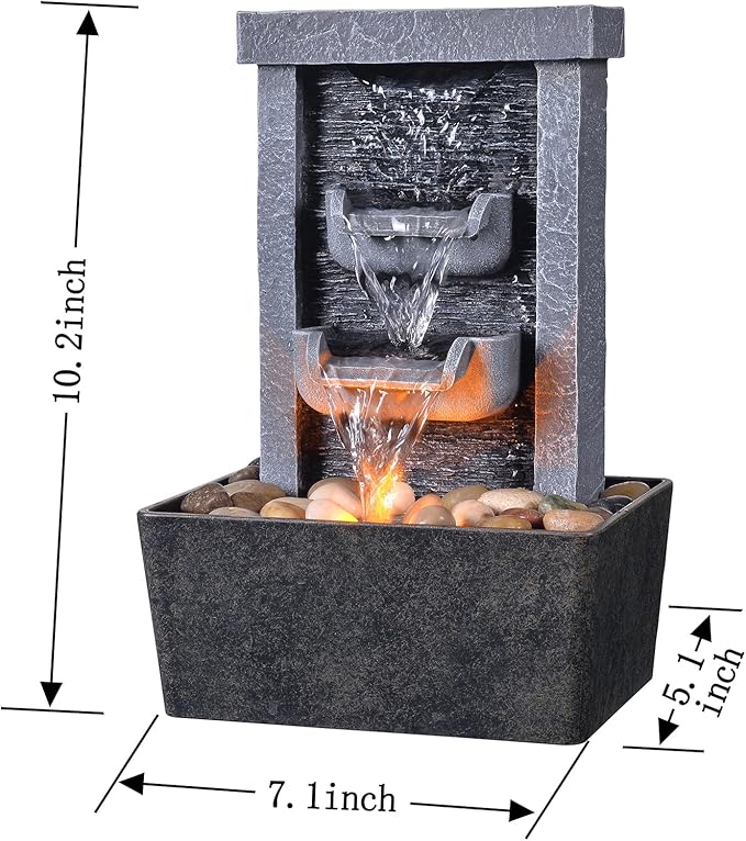 GOSSI Home Décor 10.3 in Indoor Waterfall Fountain Relaxation High Pressure Water Pumps Tabletop Fountain Nature Feeling Water Fountains with Reflective Lighting/River Rocks Home/Office Decoration
