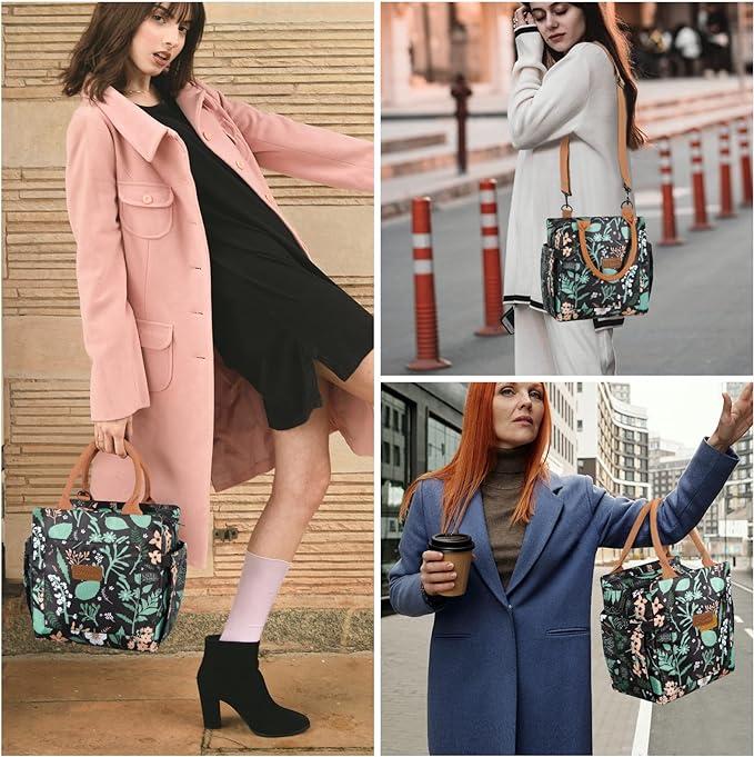 Joymee Lunch Bag - Large Capacity, Insulated, Reusable, Durable, Adjustable Shoulder Strap, Green Leaf