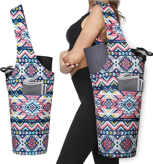 Fashion Printed Yoga Mat Bag with Large Side Pocket & Zipper Pocket Long Tote Yoga Bag Fit Most Size Mats - Holds More Yoga Accessories