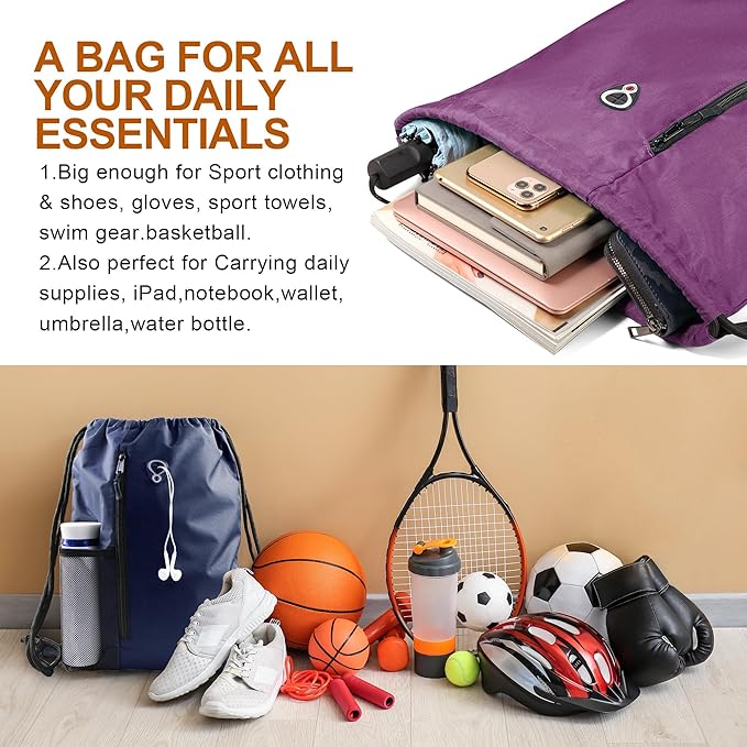BeeGreen Purple Drawstring Backpack Gym Bag For Men & Women – Sports Sackpack with Mesh Water Bottle Holder & 2 Zippered Pockets – Large 16x20 Inch Cinch String Backpack