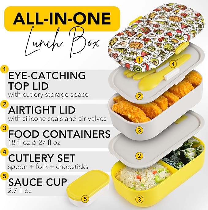 Insulated Stackable Bento Box for Adults with Reusable Chopsticks Japanese Lunch Box Microwavable & Leak Proof Lunch Containers for Men & Women Modern Cute Food Container with Compartments (Yellow)