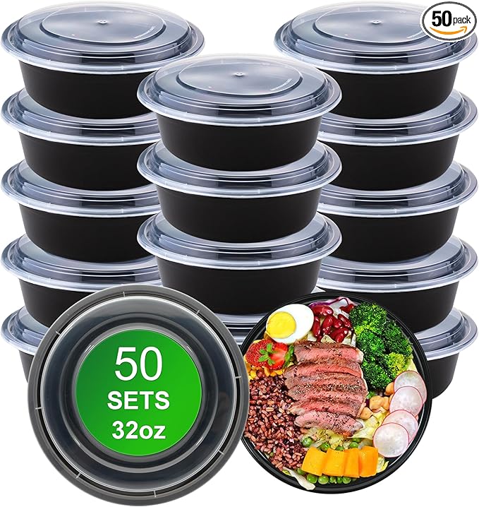 Round Meal Prep Containers with Lids, 50 Pack 32oz (100-Piece) Disposable Leakproof Take Out Food Storage Containers, Plastic To Go Lunch Boxes, BPA Free, Microwave/Dishwasher/Freezer Safe