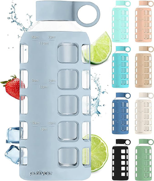 purifyou 40oz / 32oz / 22oz / 12oz Borosilicate Glass Water Bottle with Time & Volume Markers, Silicone Sleeve, Stainless Steel Lid | Reusable Glass Bottle for Water & Juice (22oz Ice Blue)