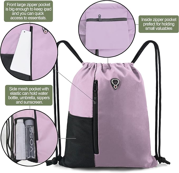 BeeGreen Lilac Drawstring Backpack Gym Bag For Men & Women – Sports Sackpack with Mesh Water Bottle Holder & 2 Zippered Pockets – Large 16x20 Inch Cinch String Backpack Workout Bag for Running, Travel