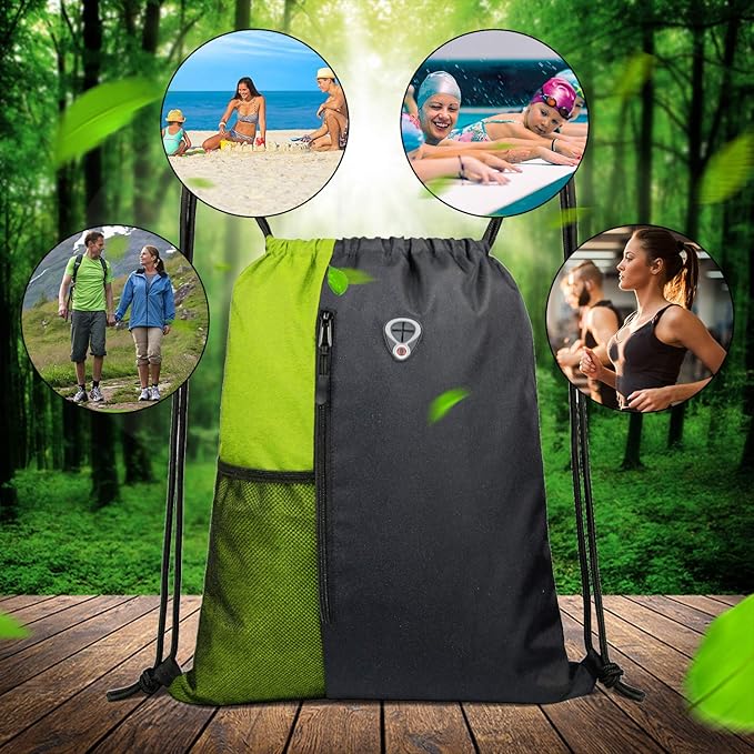 BeeGreen Lime Gym Bag Drawstring Backpack for Women Sports Backpack Workout Bag With 2 Water Bottle Mesh Pockets And Two Zipper Pockets
