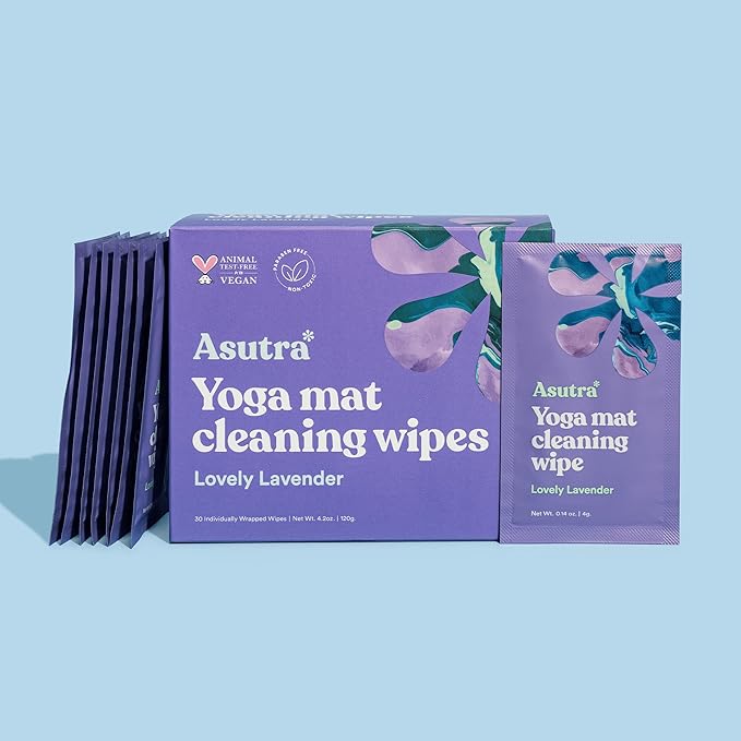 ASUTRA Yoga Mat Cleaning Wipes (Lovely Lavender), Individually Wrapped Wipes, 2 Boxes (30 Each) - No Slippery Residue, Deep-Cleansing for Fitness Gear & Gym Equipment