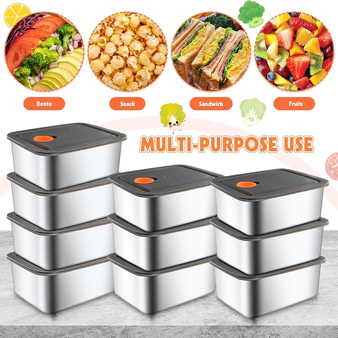10 Pack Stainless Steel Food Storage Containers with Leak-Proof Lids, 16oz Reusable Metal Meal Prep Lunch Boxes, Stackable, BPA-Free, Dishwasher Safe for Snacks, Fruits & On-the-Go Meals