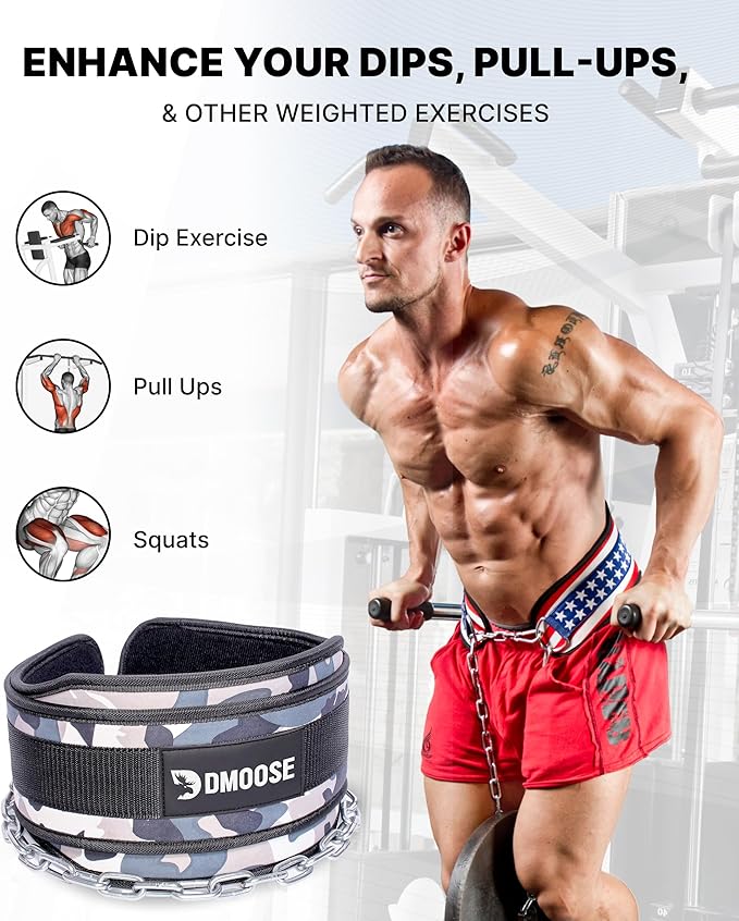DMoose Fitness Dip Belt for Weight Lifting, Pullup, Squats & Dips - 36" Robust Steel Chain, Comfortable Neoprene Padding Supports 350lbs - Gym Weight Belt for Strength Training Workout & Weightlifting