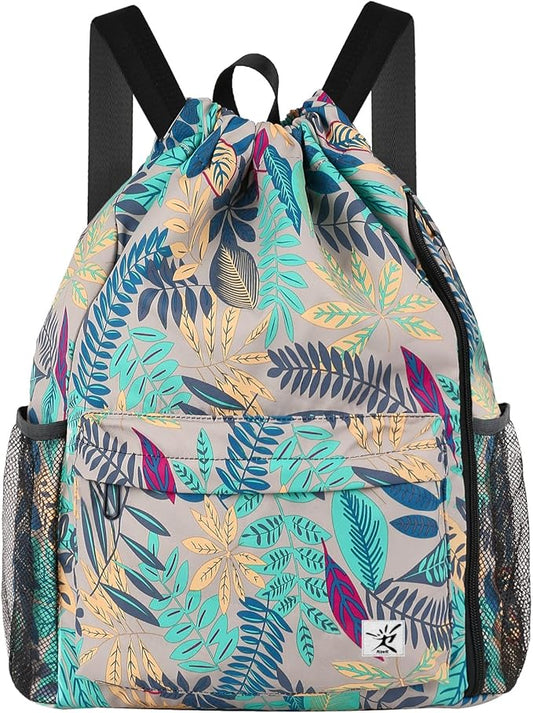 Drawstring Backpack with Mesh Pockets String Gym Bag Sackpack Sandproof Water Resistant Beach Backpack for Men Women