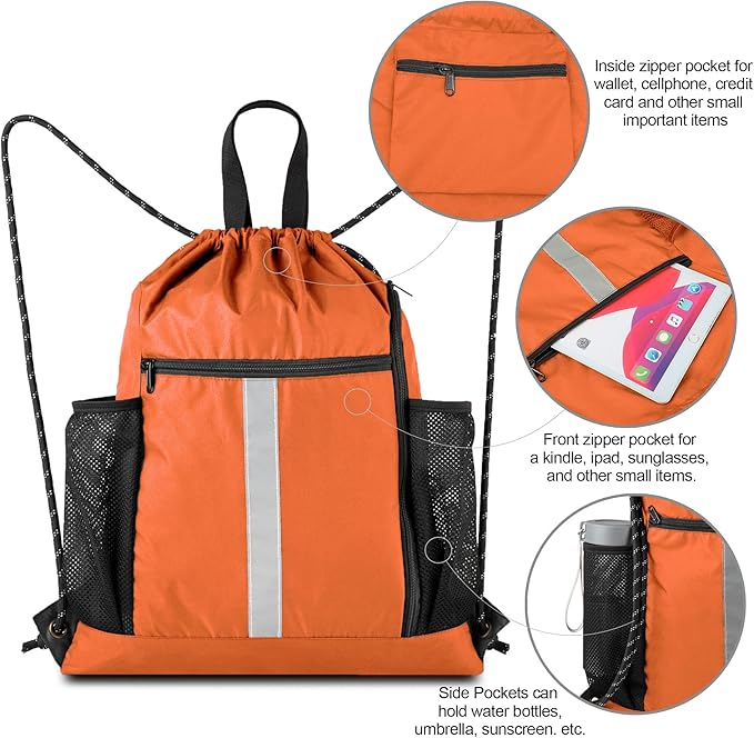 BeeGreen Orange Drawstring Backpack Bag Cinch Sack with Shoe Compartment and Two Side Mesh Pockets Lightweight Large Sturdy Drawstring Gym Sackpack For Unisex