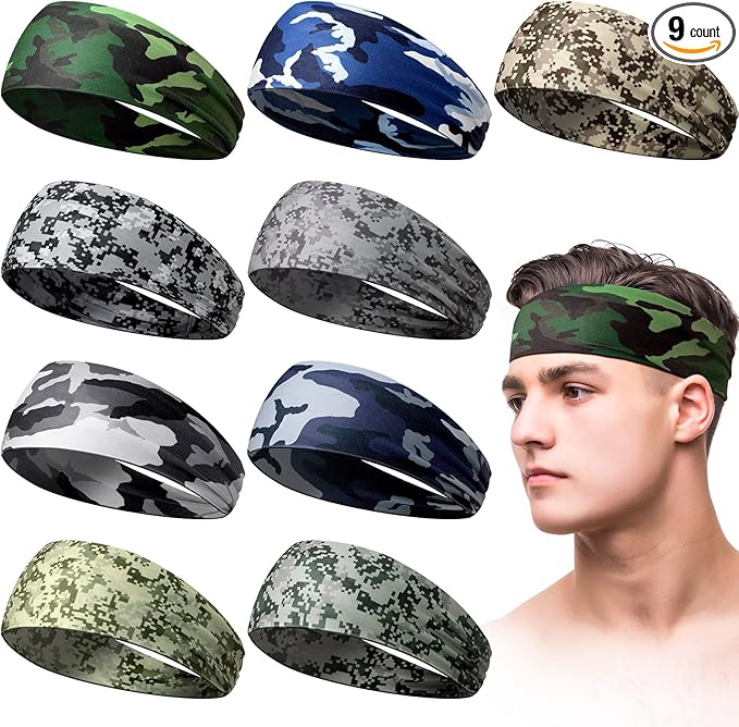 9 pcs Sweatbands for Men Workout Sport Headbands for Men Camo Headband Sweat Absorbing Headband Wide Sweatband for Head Basketball Football Cycling Running Yoga, 4.7 x 9.8 Inch