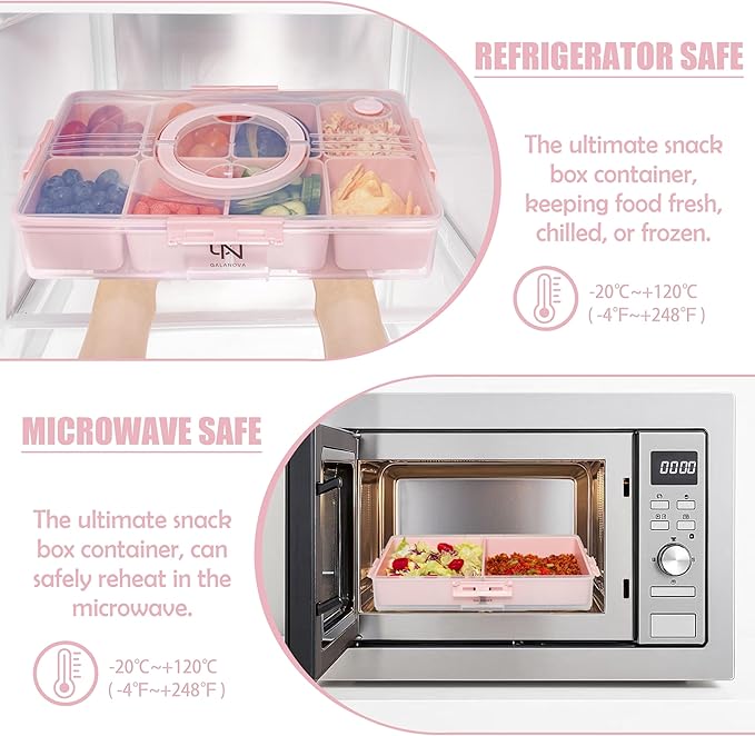 Snackle Box Container - 10 Compartments Including 2 XL, Dishwasher & Microwave Safe, Divided Serving Tray with Lid and Handle, BPA-Free, snack box (1 PCS, Pink, 1 Box with 2 XL Compartments)