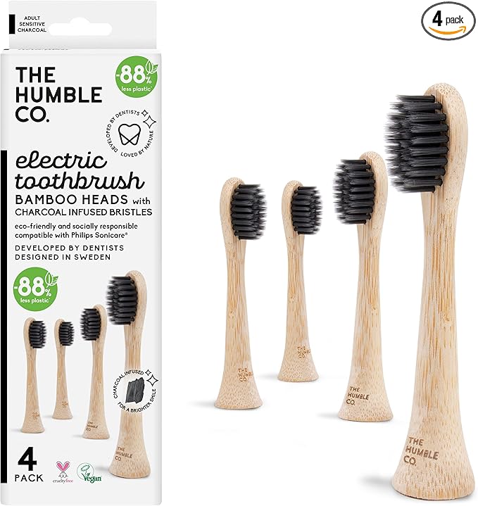 The Humble Co. Bamboo Electric Toothbrush Heads 4pk - Replacement Heads Compatible with Philips Sonicare Toothbrush, Helps Remove Plaque and Eliminate Bad Breath (Charcoal)