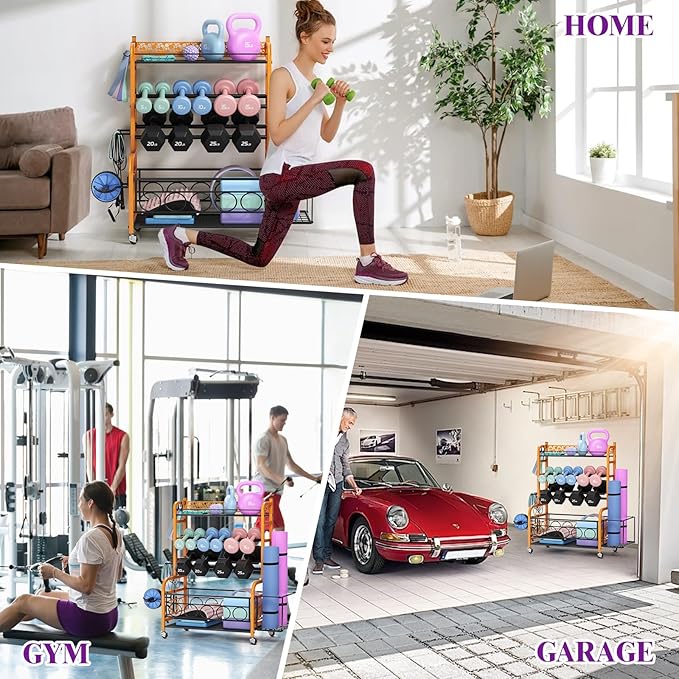 400LBS Dumbbell Rack, VOPEAK Adjustable Weight Rack for Home Gym, Home Gym Storage Rack for Yoga Mat Kettlebells and Strength Training Equipment, Weight Storage Rack for Dumbbells with Wheels