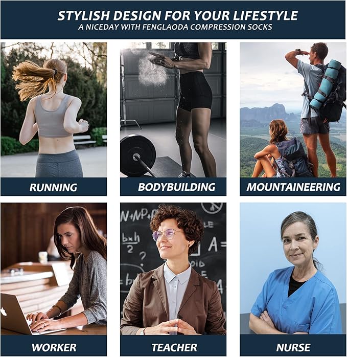 fenglaoda Compression Socks Women Men 6 Pairs, Knee High Best Support Circulation Socks for Running, Travel, Flight, Nurse