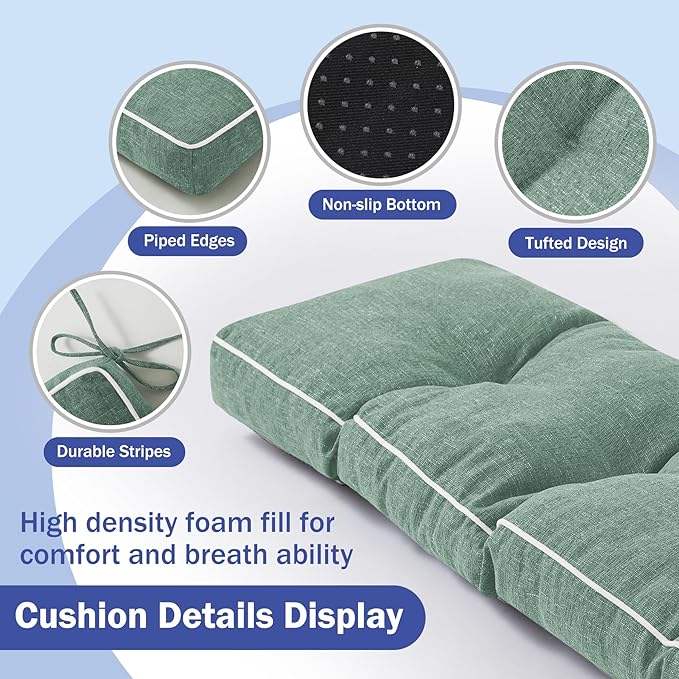 Bench Cushions for Outdoor Furniture, 42 x 16 Inch Outdoor Bench Cushion, Patio Bench Cushion with Durable Ties, Long Patio Seat Cushions for Garden, Indoor, Kitchen&Dining, Green