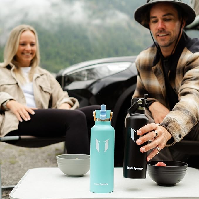 Super Sparrow Insulated Water Bottle - 17 Oz / 25 Oz / 32 Oz - Standard Mouth FlipFlow Flask - BPA Free, Leak Proof Drink Bottle- Ergonomic Straw Water Bottles for Work, Gym, Travel, Sports