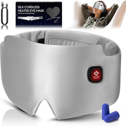 Silk Heated Eye Mask, 2000mAh Large Size Cordless Sleep Mask Warm Eye Compresses Electric Eye Heating Pad for Stye Blepharitis Dry Eyes Sinus Migraine Gifts for Men Woman (Grey)