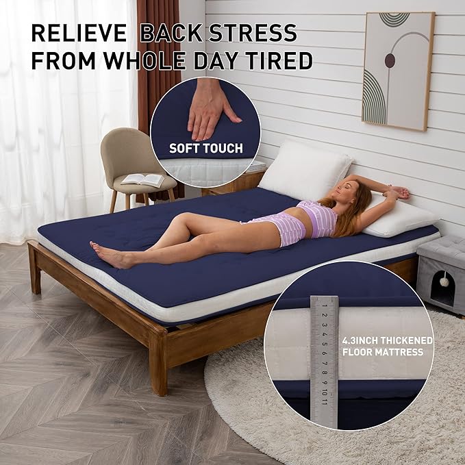 Dr.Futon Japanese Floor Futon Mattress Extra Thick Folding Roll Up Bed Topper Mat for Guest,Lounger and Tavel