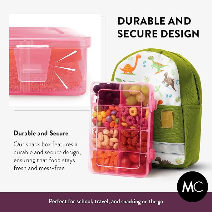 Snack Box Containers Set of 2-Reusable,100 Dissolvable Labels, 8 Adjustable Compartments, Dishwasher Safe, BPA-Free, Meal Prep Container, PARENT TESTED PARENT APPROVED AWARD (2 Pack) (Pink)