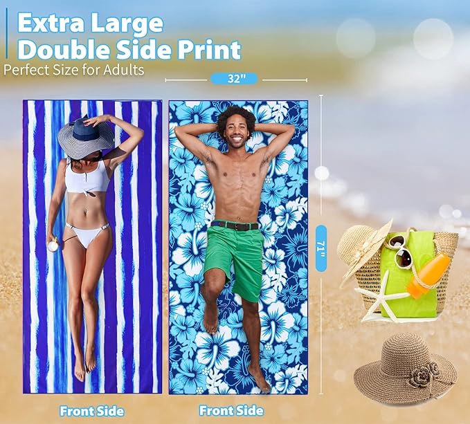 2 Pack Microfiber Thin Beach Towel Lightweight 71x32 Oversized Extra Large Sand Free Towels Quick Dry for Travel Pool Yoga Gym Sports Beach Accessories Vacation Essential Gift