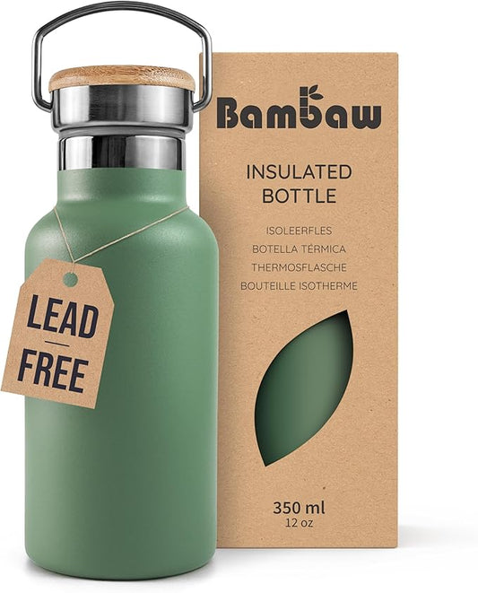 Bambaw Insulated Water Bottle 350ml, Green Water Bottle, Stainless Steel Water Bottle, Leakproof Water Bottle, Small Metal Water Bottle, Camping Water Bottle, Metal Flask – Sage Green