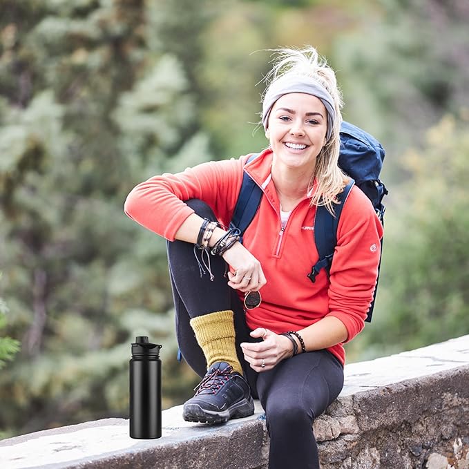 24 oz Insulated Water Bottle with Straw Lid & Wide Mouth Lids, Stainless Steel Sports Water Bottles, Double Walled Vacuum, Leak Proof,Black