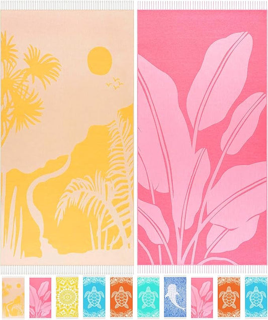 2 Pack Turkish Beach Towel Quick Dry Absorbent Lightweight Thin Bathroom Bath Pool Swim Towels Extra Large Oversized Sand Free Towel Beach Accessories Essentials Stuff Adults Gift Yellow Pink