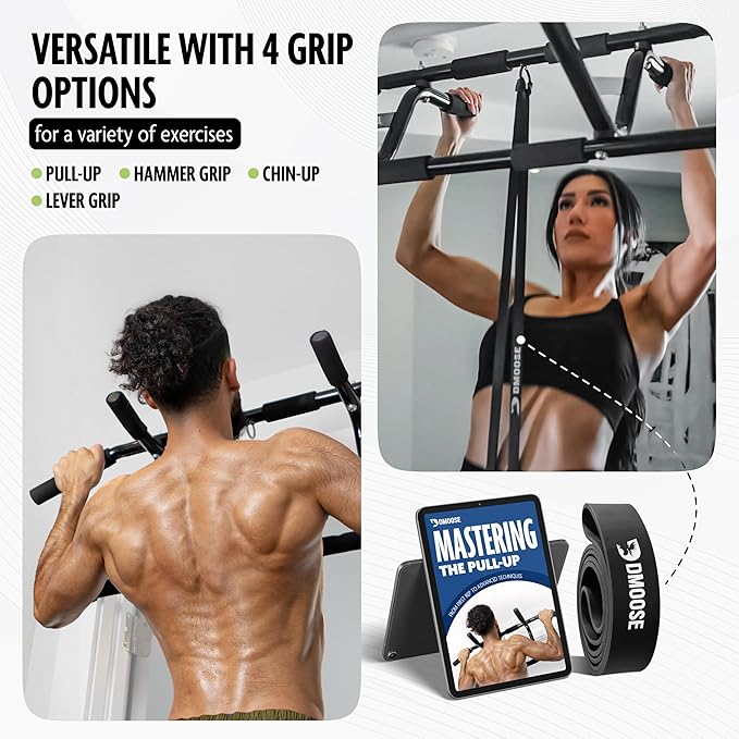 DMoose Fitness Pull Up Bar for Doorway - Upto 250 Lbs Capacity, No Screwing or Slipping, Hanging Pullup & Chin Up Bar for Door Frame - Multi Padded Grips for Strength Training with Installation Guide