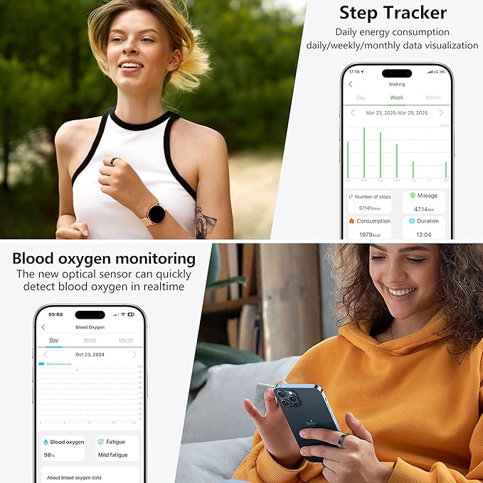 Thin Smart Ring for Fitness & Health Tracking -Pedometer,Sleep/Heart Rate/Blood Oxygen Monitor, Gesture Control / 5ATM Waterproof -No APP Subscription Compatible with Smart Phone (Black, 12)