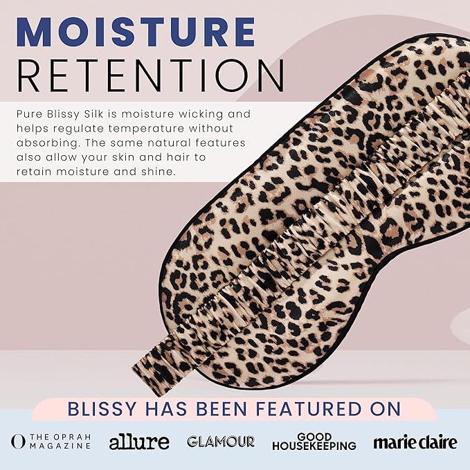 Blissy Silk Sleep Mask - Silk Eye Sleeping Mask for Women & Men for Total Blackout - 100% Pure Mulberry Silk, 22 Momme 6a Fibers - Blindfold Silk Sleep Mask Side Sleeper Eye Cover (Leopard)